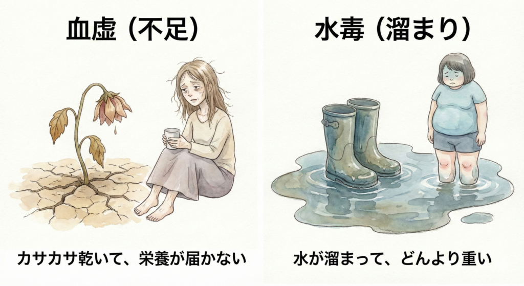 「血」と「水」の不調を自然現象に例えたイラスト。カサカサに乾いた土と枯れかけた花（血虚・不足）と、水たまりに浸かって重そうな長靴（水毒・溜まり）の様子。