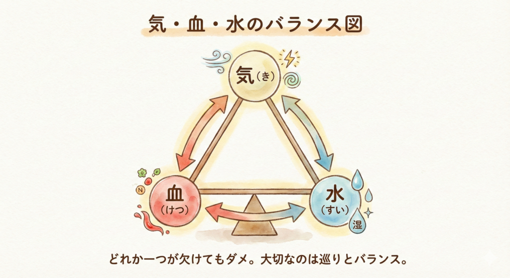 漢方の基本概念である「気・血・水」のバランス図。3つの要素が三角形や天秤のように互いに釣り合い、支え合っている様子を視覚化したイラスト。