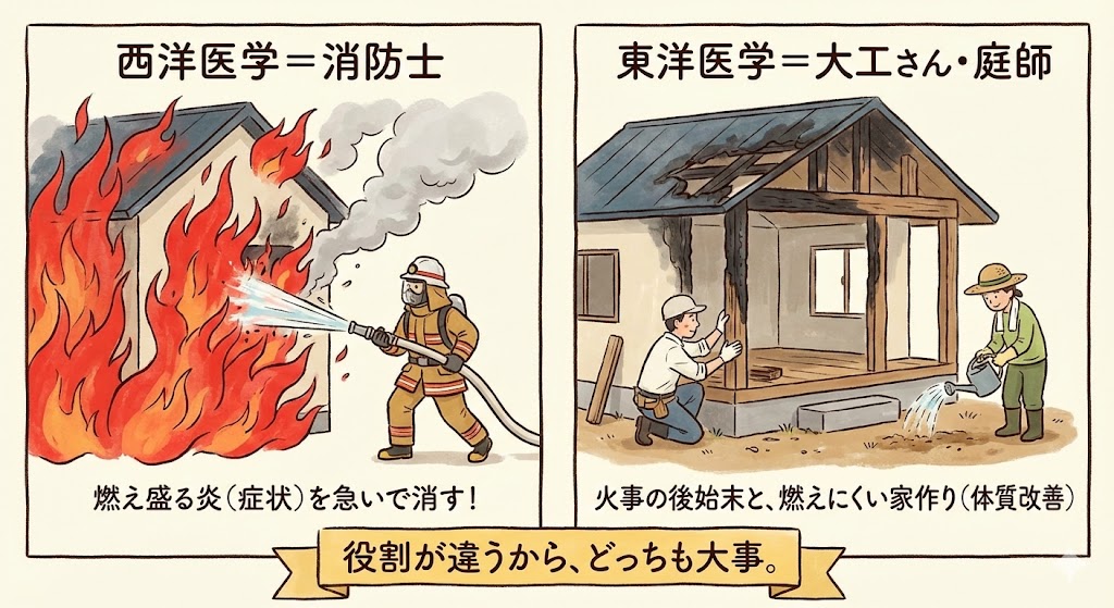 西洋医学と東洋医学の役割の違いを表したイラスト。左側は燃え盛る炎に放水する消防士(病院・対症療法)、右側は火事の後の家を修復し庭の土を整える大工や庭師(漢方・根本治療)の対比。