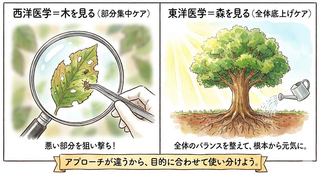 治療アプローチの違いを表したイラスト。左側は虫食いの葉を虫眼鏡で拡大してピンセットで扱う様子(局所ケア)、右側は木全体に日差しを当てて根っこに栄養を与える様子(全体ケア)。