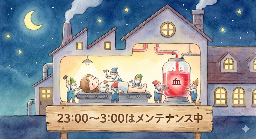 睡眠中の身体の修復活動をイメージしたイラスト。月夜の下、工場の中で小人たちが体を修理したり、赤いタンクに血液を補充している様子。「23:00〜3:00はメンテナンス中」の看板。