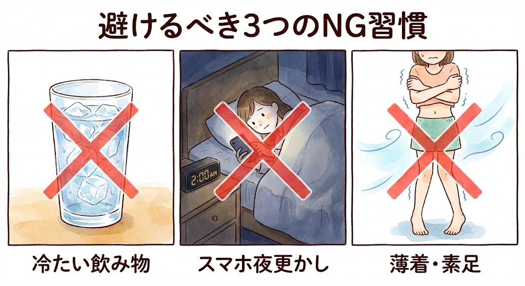 冷えや不調を招く3つのNG習慣のイラスト。氷入りの冷たい水、深夜2時の布団でのスマホ操作、お腹を出した薄着の3点にそれぞれバツ印がついている。