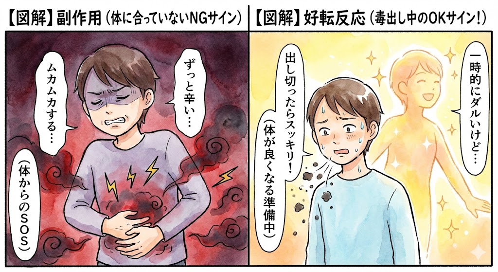 薬を飲んだ後の反応の違いを左右で対比させたイラスト。左側は「副作用」で、黒いモヤがかかり苦痛な表情を浮かべるNGサイン。右側は「好転反応」で、汗をかいて一時的に辛そうだが、毒素が排出され背後に輝く元気な自分の姿が見えているOKサイン。