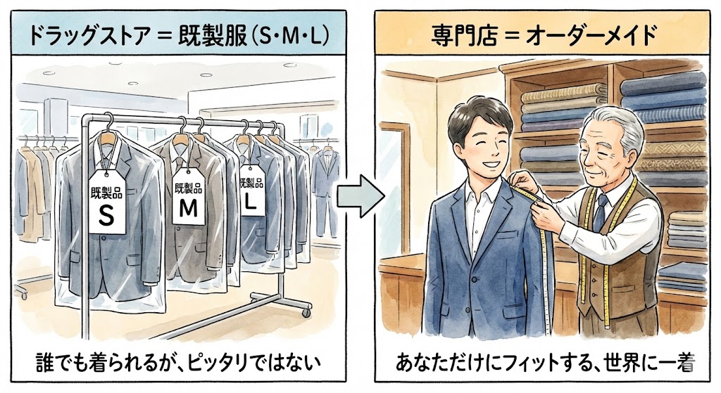漢方薬の選び方をスーツに例えたイラスト。左側はドラッグストアでの「既製品(S・M・Lサイズ)」のスーツ選び、右側は専門店での「オーダーメイド(採寸する職人)」のスーツ選び。自分にフィットする処方の大切さを対比。