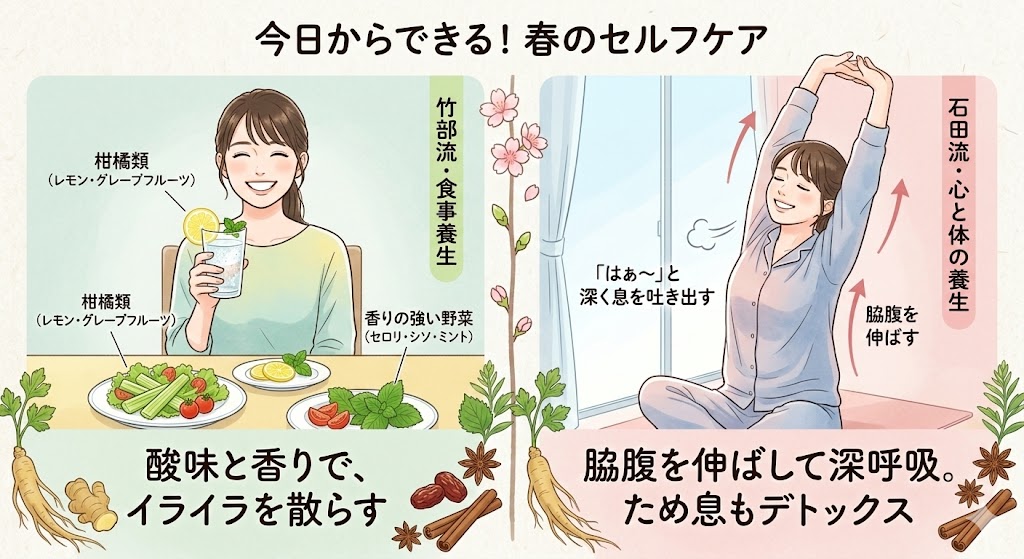 「今日からできる!春のセルフケア」として、2人の先生の養生法を左右で比較した和風モダンなイラスト。左側は竹部流・食事養生。「酸味と香りで、イライラを散らす」として、レモン水やセロリ、ミントのサラダを食べてリフレッシュする笑顔の女性。右側は石田流・心と体の養生。「脇腹を伸ばして深呼吸。ため息もデトックス」として、窓辺で背伸びをしながら「はぁ~」と深く息を吐く女性。背景には桜や生薬が描かれている。