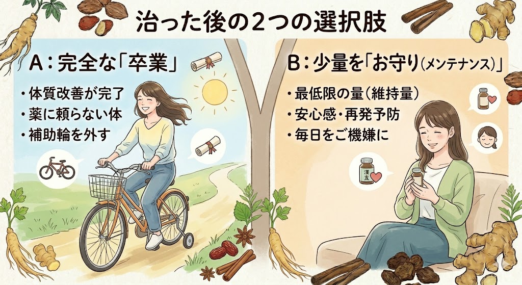 「治った後の2つの選択肢」として、A：完全な「卒業」とB：少量を「お守り」として続けることを比較した和風モダンな図解。左側は補助輪が外れた自転車を漕ぐ笑顔の女性。「体質改善が完了」「薬に頼らない体」などのテキスト。右側は小さな漢方薬の瓶を穏やかに持つ快適な女性。「最低限の量」「安心感」「再発予防」などのテキスト。