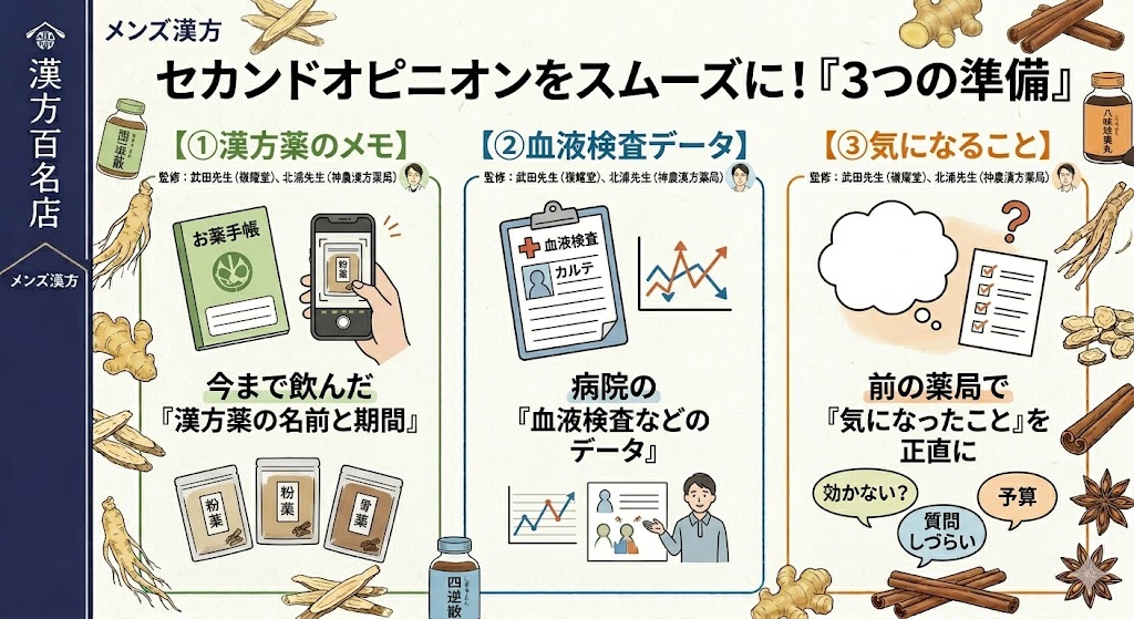 「セカンドオピニオンをスムーズに！『3つの準備』」を図解したインフォグラフィック。①今まで飲んだ「漢方薬の名前と期間」（お薬手帳とスマホ写真のアイコン）、②病院の「血液検査などのデータ」（検査用紙とグラフのアイコン）、③前の薬局で「気になったこと」を正直に（吹き出しとチェックリストのアイコン）。和紙の背景に、左端に紺色の帯があり、周囲を生薬のイラストが囲んでいる。