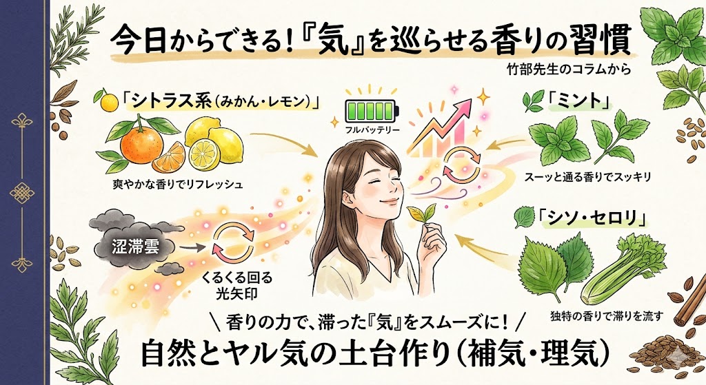 「今日からできる！『気』を巡らせる香りの習慣」を図解した和風モダンなインフォグラフィック。中央で深く深呼吸をしてスッキリとした笑顔を浮かべる女性を、キラキラとした光の帯（気の巡り）が包んでいる。周囲には「シトラス系（みかん・レモン）」「ミント」「シソ・セロリ」といった香りの強い食材のイラストが配置され、「香りの力で、滞った『気』をスムーズに！」というメッセージが添えられている。和紙の背景で、左端に紺色の帯があり、周囲を生薬が囲んでいる。