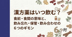 和紙のようなテクスチャの薄いグレーの背景。左側には太い紺色の縦帯。周囲には生姜、クコの実、ナツメ、当帰などの漢方生薬のイラストが散りばめられている。中央には茶色の日本語テキストで、『漢方薬はいつ飲む？』『食前・食間の意味と、』『飲み忘れ・保管・飲み合わせの』『6つのギモン』と書かれている。テキストの横には、時計、ティーカップ、ティーポットのアイコン、そして右下には大きな数字『6』と疑問符が配置されている。
