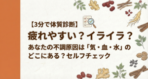 漢方の気・血・水（きけつすい）体質チェックリストのイラスト。診断チャートと鉛筆のイメージ。「3分で体質診断」のタイトル文字。自分の不調の原因を知るためのセルフチェック記事。