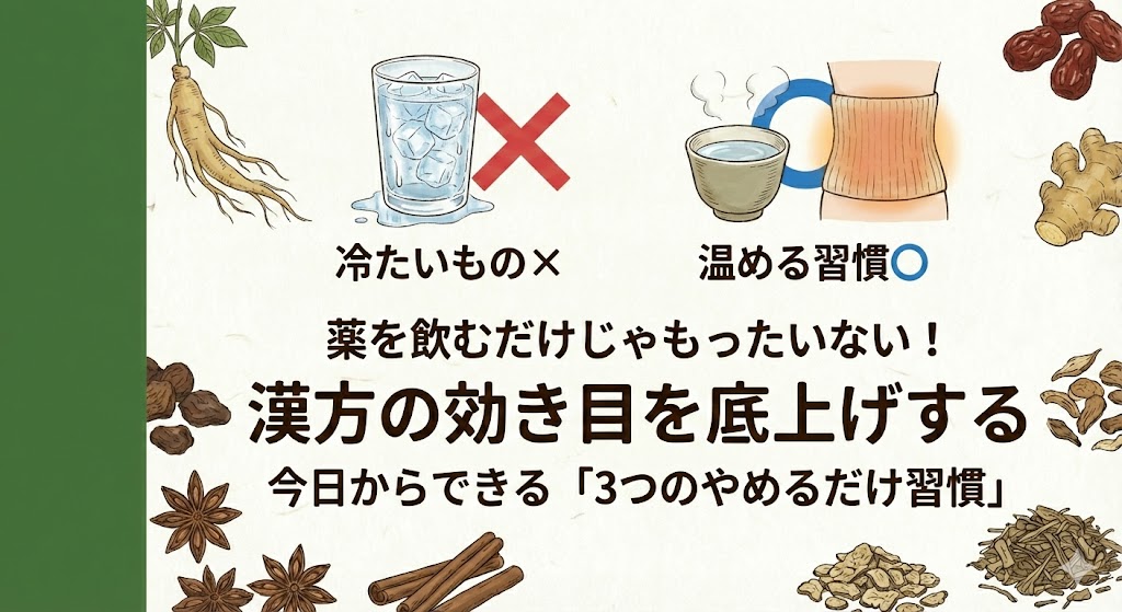 薬を飲むだけじゃもったいない!漢方の効き目を底上げする「3つのやめるだけ習慣」解説記事タイトル画像。和紙の背景。冷えや睡眠不足などの養生法について。