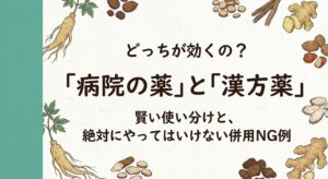 「病院の薬」と「漢方薬」どっちが効くの？賢い使い分けと併用NG例の解説記事タイトル画像。和紙の背景に筆文字風のフォント。