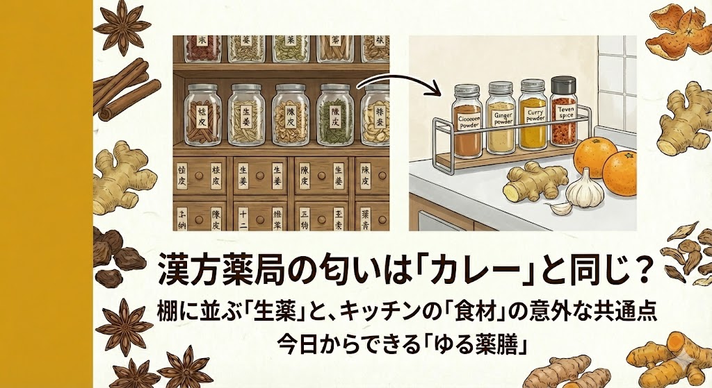 「漢方薬局の棚に並ぶ生薬ビンと、キッチンにあるカレースパイス(シナモン、ターメリックなど)を比較した画像。生薬と食材の意外な共通点を紹介する記事のサムネイル。」