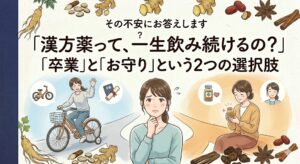 和紙の背景に、不安と希望を感じながら2つの分かれ道を見つめる女性。左の道は「卒業」として補助輪が外れた自転車を笑顔で漕ぐ女性。右の道は「お守り」として小さな漢方薬の瓶を穏やかに持つ女性。中央に「漢方薬って、一生飲み続けるの？その不安にお答えします。「卒業」と「お守り」という2つの選択肢」というテキスト。左端に紺色の帯。