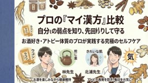 和紙の背景に、親しみやすい笑顔の2人の薬剤師。左の林先生はお酒のグラス、ウコンのパッケージ、鼻の煎じ薬の土瓶を持つ。右の北浦先生はきれいな肌とエネルギーのアイコンを持つ。「先生たちは毎日何を飲んでるの？」という大きなテキストと、「漢方薬剤師の『リアルなマイ漢方』を大公開！」などのサブタイトル。左端に紺色の帯。