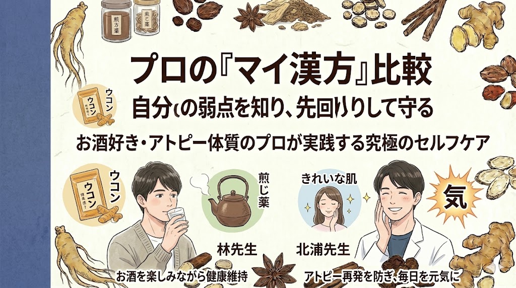 和紙の背景に、親しみやすい笑顔の2人の薬剤師。左の林先生はお酒のグラス、ウコンのパッケージ、鼻の煎じ薬の土瓶を持つ。右の北浦先生はきれいな肌とエネルギーのアイコンを持つ。「先生たちは毎日何を飲んでるの?」という大きなテキストと、「漢方薬剤師の『リアルなマイ漢方』を大公開!」などのサブタイトル。左端に紺色の帯。