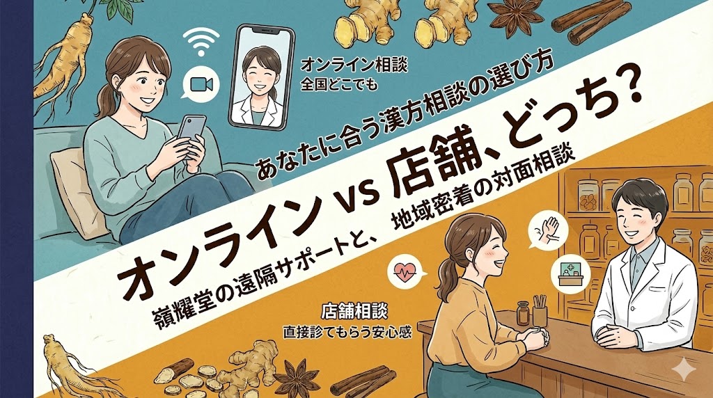 和紙の背景に、スマートフォンでオンライン相談をする女性(自宅、ビデオ通話画面に薬剤師)と、薬局のカウンターで薬剤師と笑顔で話す女性(対面相談、安心した表情)の対比イラスト。中央に「オンライン vs 店舗、どっち?」というテキスト。左端に紺色の帯。