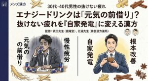和紙の背景に、エナジードリンク缶に囲まれて疲労困憊の30代男性（元気の前借り・慢性疲労）と、漢方のお茶を飲み活力がみなぎる笑顔の同じ男性（自家発電・根本改善）の対比イラスト。中央に「エナジードリンクは「元気の前借り」？抜けない疲れを『自家発電』に変える漢方」という大きなテキスト。左端に紺色の帯。