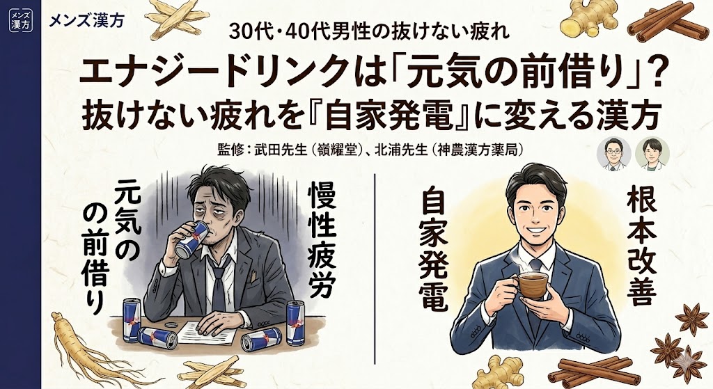 和紙の背景に、エナジードリンク缶に囲まれて疲労困憊の30代男性（元気の前借り・慢性疲労）と、漢方のお茶を飲み活力がみなぎる笑顔の同じ男性（自家発電・根本改善）の対比イラスト。中央に「エナジードリンクは「元気の前借り」？抜けない疲れを『自家発電』に変える漢方」という大きなテキスト。左端に紺色の帯。