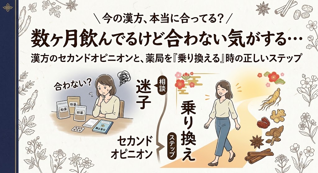 和紙の背景に、他店の漢方薬(粉薬や煎じ薬)の袋を前に悩み、お薬手帳を見つめる女性(合わない?・迷子)と、笑顔で希望を持って新しい薬局へ歩き出す同じ女性(セカンドオピニオン・乗り換え)の対比イラスト。中央に「数ヶ月飲んでるけど合わない気がする…」という大きなテキストと、「今の漢方、本当に合ってる?/漢方のセカンドオピニオンと、薬局を『乗り換える』時の正しいステップ」というサブタイトル。左端に紺色の帯。