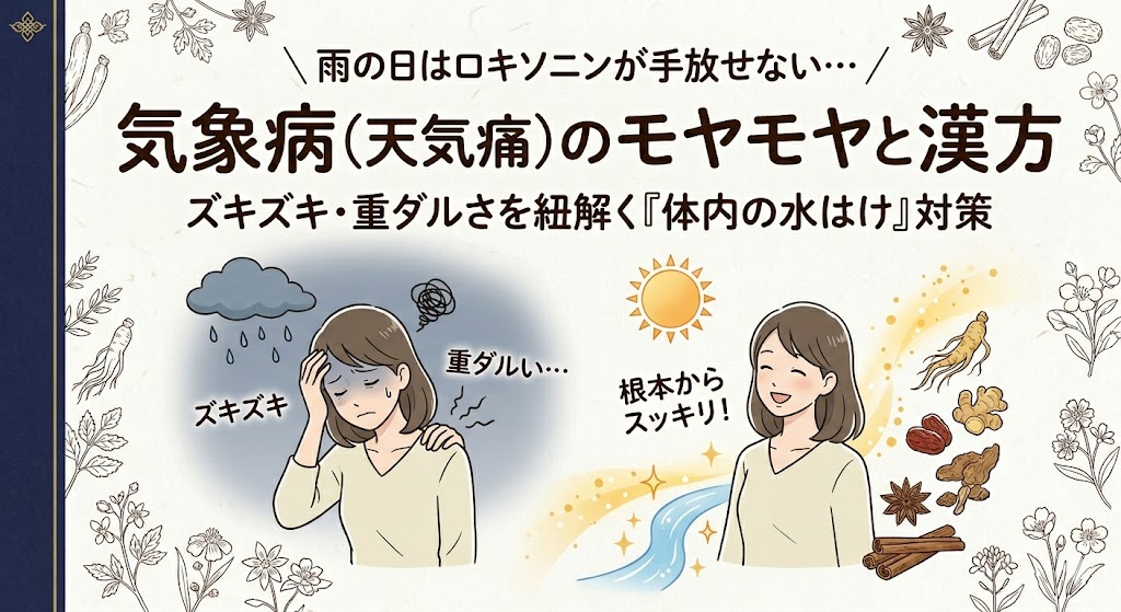 和紙の背景に、雨の日の不調と漢方による対策を対比させたイラスト。左側は暗い雨雲の下で頭と肩を押さえて辛そうな表情の女性と「ズキズキ」「重ダルい…」の文字。右側は太陽とスムーズに流れる水のイラストと共に、晴れやかな笑顔の女性と「根本からスッキリ！」の文字が描かれている。中央に「＼雨の日はロキソニンが手放せない…／ 気象病(天気痛)のモヤモヤと漢方 ズキズキ・重ダルさを紐解く『体内の水はけ』対策」という大きなテキスト。左端に紺色の帯があり、周囲を生薬のイラストが囲んでいる。