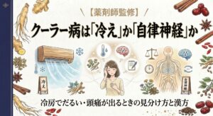 和紙のような質感の背景に、頭痛と胸の不快感を感じている女性を中心に描いた健康情報の画像です。 左側には、冷気を吹き出す木目のエアコンと「冷え」の看板があり、氷や温度計のアイコンが添えられています。右側には、人体の神経系を描いたイラストと「自律神経」の看板があり、脳、天秤、時計のアイコンが添えられています。 画像の上部には「【薬剤師監修】」と、大きな文字で「クーラー病は『冷え』か『自律神経』か」と書かれています。下部には「冷房でだるい・頭痛が出るときの見分け方と漢方」と書かれています。 画像の周囲には、生姜、シナモン、ナツメ、クコの実、高麗人参などの生薬のイラストが配置されています。