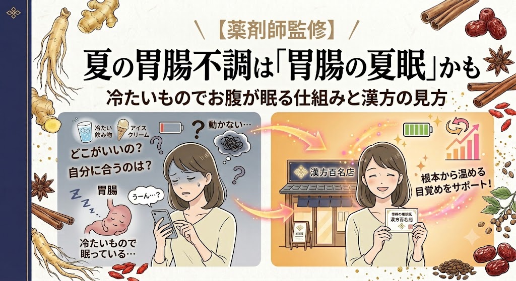 和紙の背景に、夏の胃腸不調(胃腸の夏眠)と冷たいものでお腹が眠る仕組み、漢方の見方を対比させたイラスト。左端に紺色の帯があり、周囲を生薬のイラストが囲んでいる。中央上部に大きく「\【薬剤師監修】/ 夏の胃腸不調は「胃腸の夏眠」かも 冷たいものでお腹が眠る仕組みと漢方の見方」というテキスト。左側は、眉をひそめてスマートフォンを覗き込み、氷の入った冷たい飲み物やアイスクリームに囲まれた眠そうな女性と、お腹の上でぐっすり眠る擬人化された小さな胃腸キャラクターが描かれている。頭上には「夏眠中」「動かない…」「冷たいもので眠っている…」の吹き出しと、渦巻くモヤモヤ(充電切れバッテリー風)がある。右側は、温かい光と満タンバッテリー風の光に包まれ、晴れやかな笑顔で「漢方百名店」の看板の前に立ち、手には「信頼の相談証」を持つ同じ女性と、「根本から温める」「目覚めをサポート!」の吹き出しが描かれている。