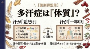 和紙のような質感の背景に、伝統的な日本画風の筆文字で「多汗症は『体質』?」と大きく書かれた、健康情報動画のサムネイル画像です。 画像上部には、小さな文字で「【薬剤師監修】」と記載されています。 画面中央左側には「汗が『夏だけ』」という見出しがあり、その下の枠内に、汗の性質(pHスケール)、汗の色(カラーパレット)、臭いの有無(鼻と雲のアイコン)、汗のかき方(単一の大粒の汗と多数の小粒の汗)を比較するアイコンが配置されています。 画面中央右側には「汗が『一年中』」という見出しがあり、その下の枠内に、人体の解剖図(正面図)と、頭・顔、背中・胸、手足といった部位ごとの汗の有無や性質を指し示す矢印、および様々な疑問符やマスクなどのアイコンが配置されています。 画面下部中央には、天秤のアイコンを中央に「体質の見極め」と書かれたロゴがあります。 画面の最下部には、左側に「汗の性質・見分け方と漢方・体質」、右側に「部位別チェック(頭・手足・背中など)」と、より詳細な解説が書かれています。 画像の背景と周囲には、高麗人参、生姜、シナモン、ナツメ、八角などの、伝統的な和漢生薬のイラストが豊富に配置され、全体として和の雰囲気を醸し出しています。左側には紺色に金色の紋様が入った装飾的な帯があります。