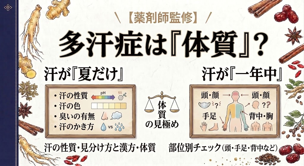 和紙のような質感の背景に、伝統的な日本画風の筆文字で「多汗症は『体質』?」と大きく書かれた、健康情報動画のサムネイル画像です。 画像上部には、小さな文字で「【薬剤師監修】」と記載されています。 画面中央左側には「汗が『夏だけ』」という見出しがあり、その下の枠内に、汗の性質(pHスケール)、汗の色(カラーパレット)、臭いの有無(鼻と雲のアイコン)、汗のかき方(単一の大粒の汗と多数の小粒の汗)を比較するアイコンが配置されています。 画面中央右側には「汗が『一年中』」という見出しがあり、その下の枠内に、人体の解剖図(正面図)と、頭・顔、背中・胸、手足といった部位ごとの汗の有無や性質を指し示す矢印、および様々な疑問符やマスクなどのアイコンが配置されています。 画面下部中央には、天秤のアイコンを中央に「体質の見極め」と書かれたロゴがあります。 画面の最下部には、左側に「汗の性質・見分け方と漢方・体質」、右側に「部位別チェック(頭・手足・背中など)」と、より詳細な解説が書かれています。 画像の背景と周囲には、高麗人参、生姜、シナモン、ナツメ、八角などの、伝統的な和漢生薬のイラストが豊富に配置され、全体として和の雰囲気を醸し出しています。左側には紺色に金色の紋様が入った装飾的な帯があります。