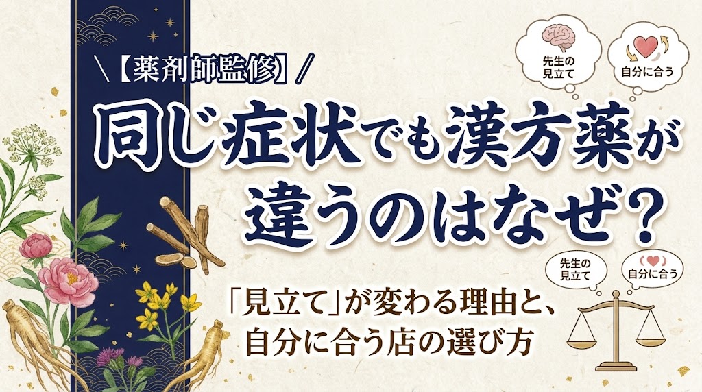 質感のある和紙を背景に、伝統的な和漢生薬のイラスト(当帰、シャクヤク、葛根、ニンジンなど)と紺色の和柄模様の帯を左側に配した、和風で信頼感のあるデザインの解説サムネイル画像。 中央上部に大きな文字で「同じ症状でも漢方薬が違うのはなぜ?」と記載され、その上に小さく「\ 【薬剤師監修】 /」と監修情報が添えられている。 中央下部には「「見立て」が変わる理由と、自分に合う店の選び方」とサブタイトルが記載されている。 右側には、異なる先生の診断を示すアイコン(脳、人物、破線)と、自分に合うものを選ぶことを示すアイコン(ハート、人物、破線)、そして天秤のイラストがあり、それぞれのアイコンに「先生の見立て」「自分に合う」と小さなテキストが添えられている。