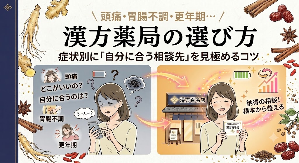 和紙の背景に、漢方薬局の選び方を症状別に対比させたイラスト。左端に紺色の帯があり、周囲を生薬のイラストが囲んでいる。中央上部に大きく「\頭痛・胃腸不調・更年期…/ 漢方薬局の選び方 症状別に「自分に合う相談先」を見極めるコツ」というテキスト。左側は、眉をひそめてスマートフォンを覗き込み、頭痛(頭を押さえる)、胃腸不調(お腹を押さえる)、更年期(ほてり/イライラ)の3つの症状アイコンに悩む女性と、頭上の渦巻くモヤモヤ(充電切れバッテリー風)が描かれている。右側は、温かい光と満タンバッテリー風の光に包まれ、晴れやかな笑顔で「漢方百名店」の看板の前に立ち、手には「信頼の相談証」を持つ同じ女性と、「納得の相談!」「根本から整える」の吹き出しが描かれている。