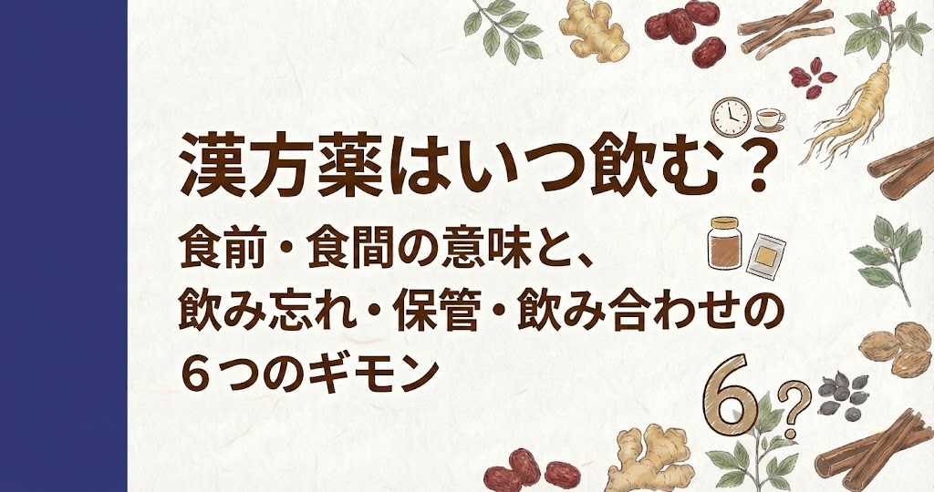 和紙のようなテクスチャの薄いグレーの背景。左側には太い紺色の縦帯。周囲には生姜、クコの実、ナツメ、当帰などの漢方生薬のイラストが散りばめられている。中央には茶色の日本語テキストで、『漢方薬はいつ飲む？』『食前・食間の意味と、』『飲み忘れ・保管・飲み合わせの』『6つのギモン』と書かれている。テキストの横には、時計、ティーカップ、ティーポットのアイコン、そして右下には大きな数字『6』と疑問符が配置されている。