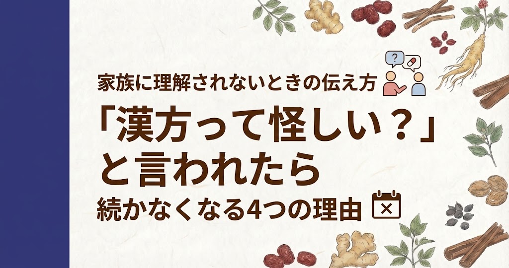 和紙のようなテクスチャの薄いグレーの背景。左側には太い紺色の縦帯。周囲には生姜、クコの実、シナモン、当帰などの漢方生薬のイラストが散りばめられている。中央には茶色と黒の日本語テキストで、『家族に理解されないときの伝え方』『「漢方って怪しい？」と言われたら』『続かなくなる4つの理由』と大きく書かれている。テキストの横には、会話やカレンダーの小さなアイコンが添えられている。