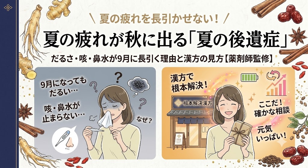 夏の疲れが秋に長引く「夏の後遺症」に関する漢方動画のサムネイル画像。上部に「夏の疲れを長引かせない!」、中央にメインタイトル「夏の疲れが秋に出る「夏の後遺症」」、サブタイトル「だるさ・咳・鼻水が9月に長引く理由と漢方の見方【薬剤師監修】」と書かれています。 画像は左右に対比されたイラストで構成されています。左側は「問題」を示しており、咳と鼻水、だるさに悩む、顔色の悪い女性のイラスト。「9月になってもだるい…」「咳・鼻水が止まらない…」「なぜ?」というテキストとアイコン。右側は「解決」を示しており、漢方薬局「根本解決漢方」の前で、笑顔で薬の袋を持ち、元気な女性のイラスト。「漢方で根本解決!」「ここだ!確かな相談」「元気いっぱい!」というテキストと、満タンバッテリー、上昇グラフのアイコン。 背景は和紙風で、周囲には高麗人参、生姜、シナモン、ナツメ、八角などのリアルな生薬のイラストが配置され、漢方の雰囲気を伝えています。
