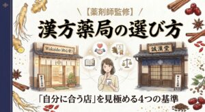 和紙のテクスチャを背景に、周囲を様々な生薬のイラストが囲むサムネイル画像。中央上部に太い筆文字で「漢方薬局の選び方」、その上に小さく「＼【薬剤師監修】／」、下部に「『自分に合う店』を見極める4つの基準」と記載されている。中央にはメモ帳を持ち思案する女性のイラストが配置され、その頭上には店選びの基準を連想させる4つのアイコン（握手、資格証、本、天秤）が浮かんでいる。女性の左右には、親しみやすい現代的な漢方薬局と、重厚感のある伝統的な漢方薬局のイラストが対比するように描かれている。