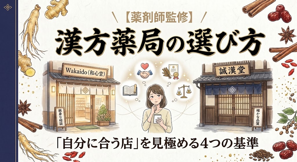和紙のテクスチャを背景に、周囲を様々な生薬のイラストが囲むサムネイル画像。中央上部に太い筆文字で「漢方薬局の選び方」、その上に小さく「\【薬剤師監修】/」、下部に「『自分に合う店』を見極める4つの基準」と記載されている。中央にはメモ帳を持ち思案する女性のイラストが配置され、その頭上には店選びの基準を連想させる4つのアイコン(握手、資格証、本、天秤)が浮かんでいる。女性の左右には、親しみやすい現代的な漢方薬局と、重厚感のある伝統的な漢方薬局のイラストが対比するように描かれている。