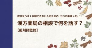 和紙風の背景に、左側に濃紺の縦帯があり、周囲を人参、生姜、シナモン、なつめなどの生薬のイラストが囲むデザイン。中央に「症状をうまく説明できない人のための「3つの準備メモ」 漢方薬局の相談で何を話す？【薬剤師監修】」と書かれている。