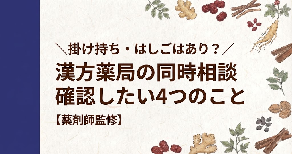 和紙風の背景に、左側に濃紺の縦帯があり、周囲を人参、生姜、シナモン、なつめなどの生薬のイラストが囲むデザイン。中央に「＼掛け持ち・はしごはあり？／ 漢方薬局の同時相談 確認したい4つのこと【薬剤師監修】」と書かれている。