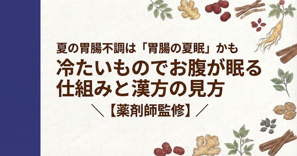 和紙風の背景に、左側に濃紺の縦帯があり、周囲を人参、生姜、シナモン、なつめなどの生薬のイラストが囲むデザイン。中央に「胃もたれは胃だけの問題？「どこが重いか」で変わる見方と、食事制限が的外れになる理由【薬剤師監修】」と書かれている。