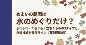 和紙風の背景に、左側に濃紺の縦帯があり、周囲を人参、生姜、シナモン、なつめなどの生薬のイラストが囲むデザイン。中央に「めまいは水のめぐりだけ？ふわふわ・ぐるぐる・立ちくらみの3タイプと、自律神経を疑うサイン【薬剤師監修】」と書かれている。